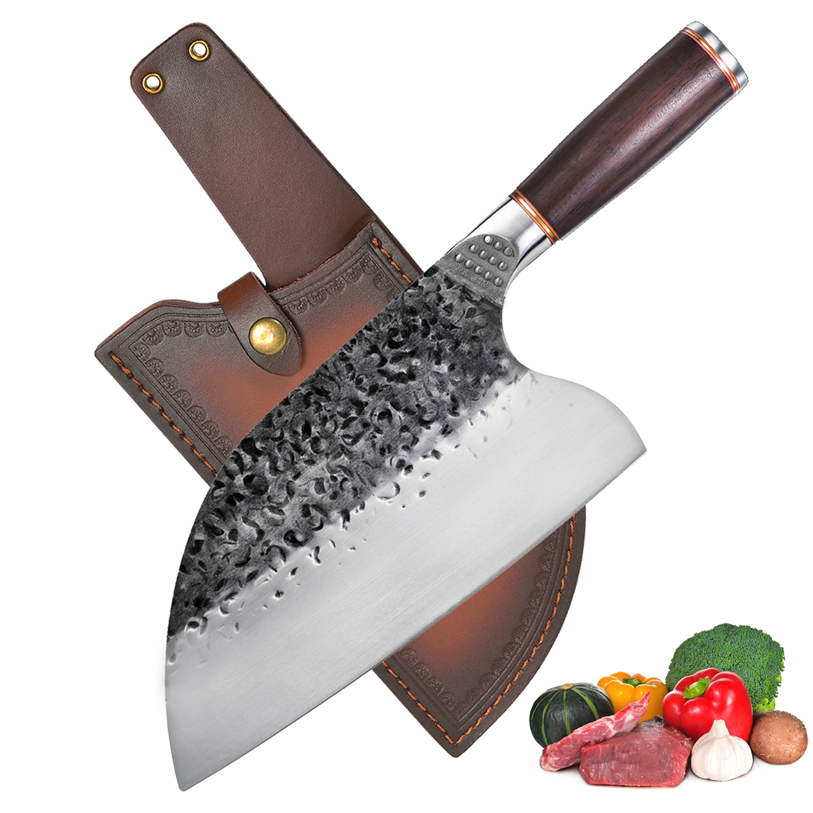 Serbian Professional Chinese Chef's Knife for Bushcraft,Camping,with Leather Sheath,Vegetable Knife