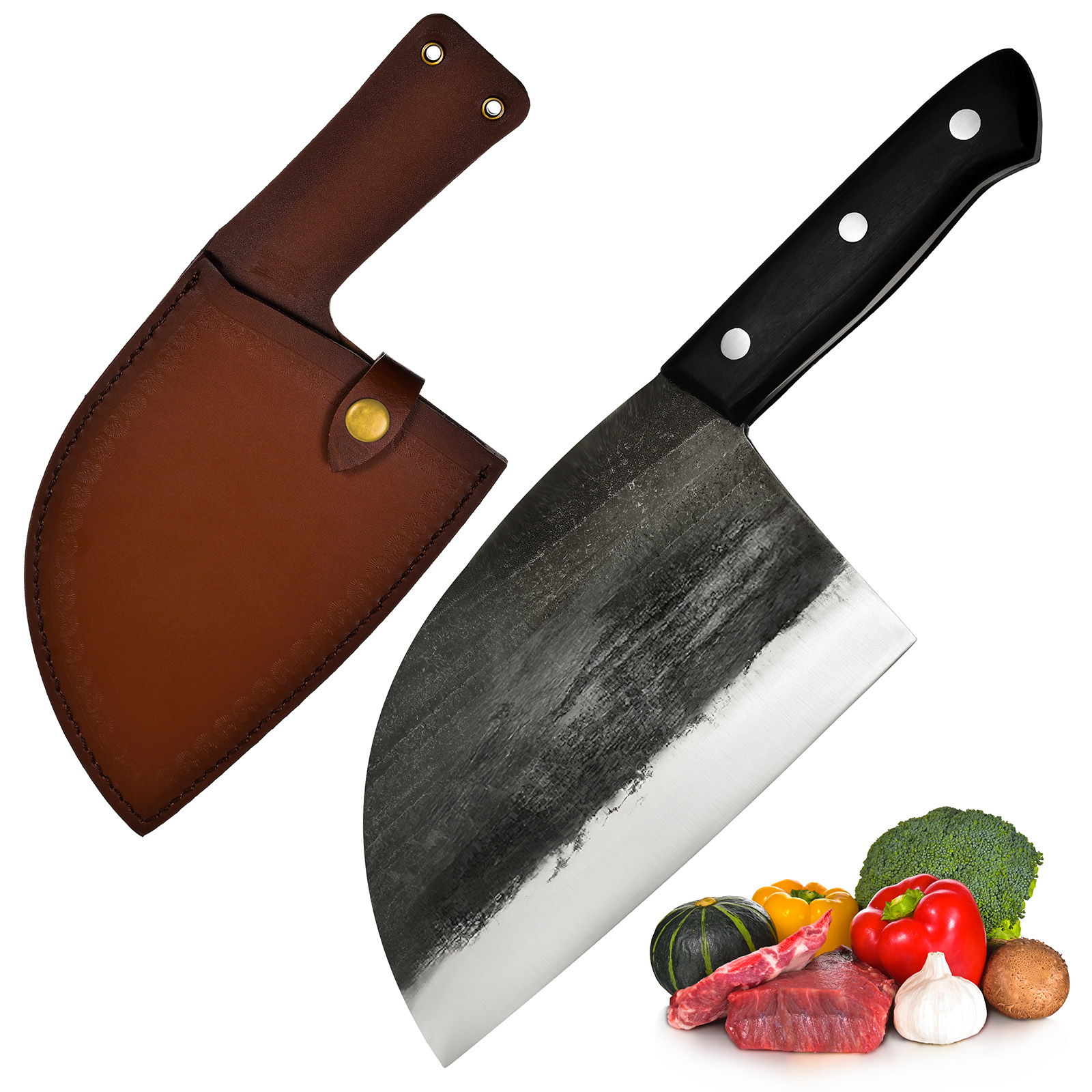 Chinese Chef's Knife,Serbian Butcher Knife,Boning Knife,Santoku Knife,Meat Knife,with Leather Sheath